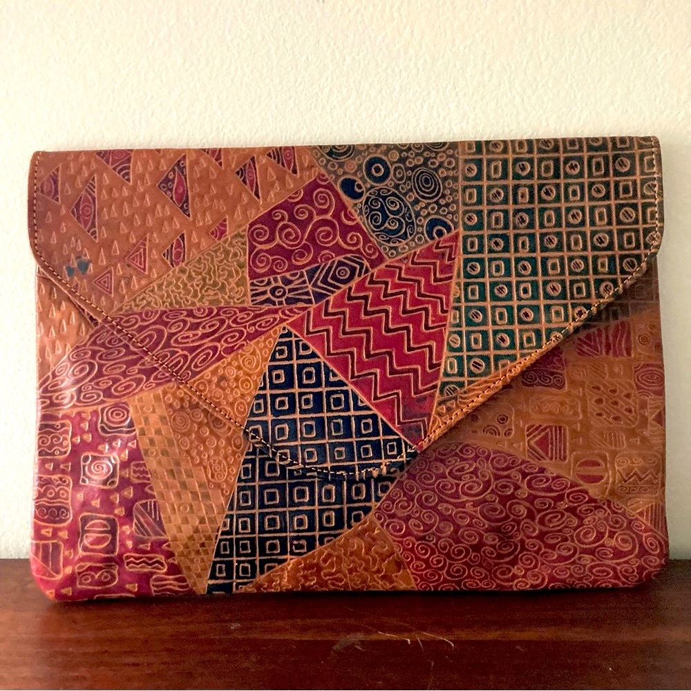 Vintage Huge Tooled Leather Patchwork Envelope Cl… - image 3